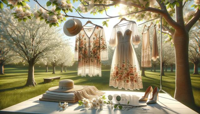 Floral dresses, hat, and shoes under cherry blossom trees in a sunlit garden.