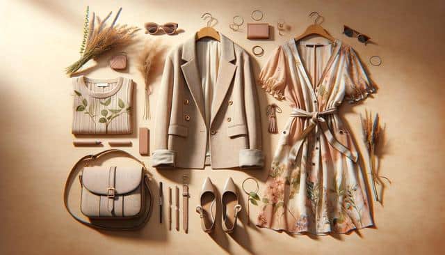 Flat lay of stylish beige clothing and accessories, including a sweater, dress, blazer, bag, and shoes, with floral and earthy details.
