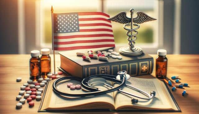 American flag, medical books, caduceus, stethoscope, pills, and medicine bottles on a wooden table.