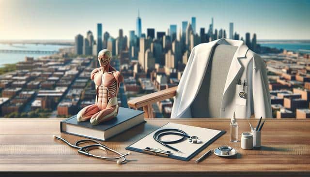 A medical model, stethoscope, and doctor's coat on a desk with a city skyline in the background.