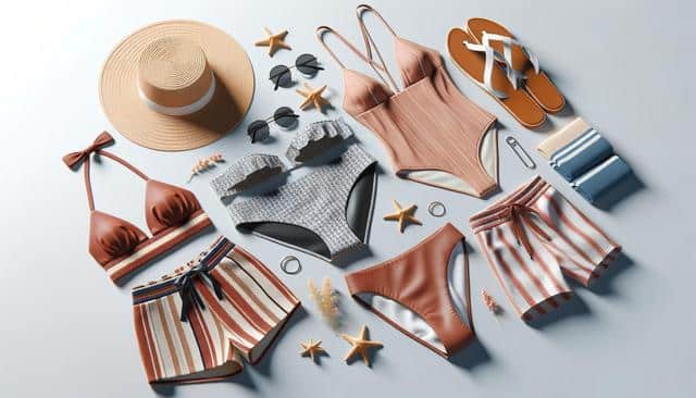 Beachwear layout with bikinis, striped shorts, a straw hat, sunglasses, flip-flops, towels, and starfish on a light background.