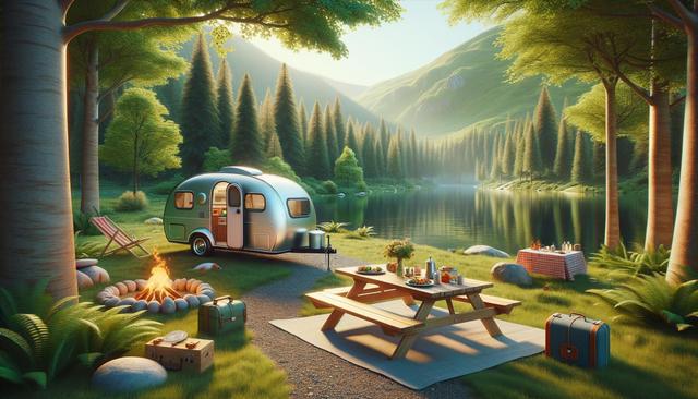 A serene lakeside campsite with a vintage trailer, picnic table, and campfire amid forested mountains.