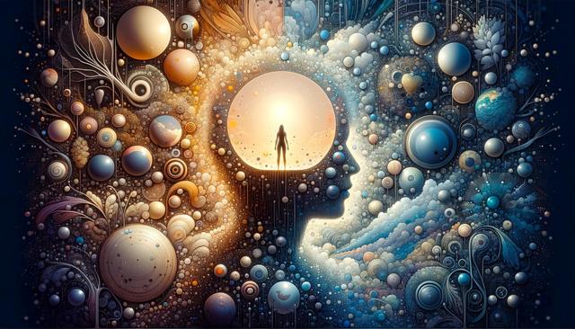 Silhouette of a head filled with abstract, colorful spheres and patterns, a figure stands at the head’s center.