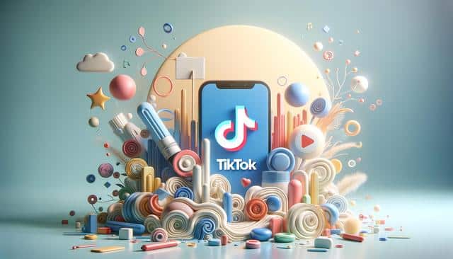A smartphone with the TikTok logo is surrounded by colorful 3D shapes and abstract elements.