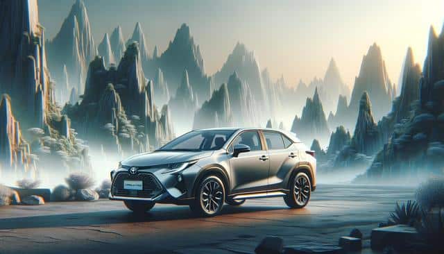 A silver SUV is parked on a rocky surface with dramatic, jagged mountains in the misty background, under a soft sky.