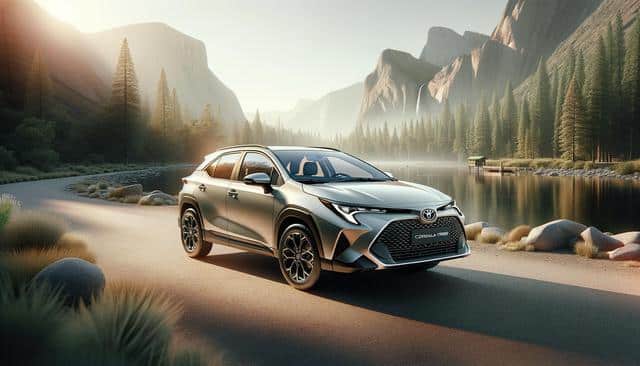 A silver car parked by a serene lake with mountains and tall trees in the background.