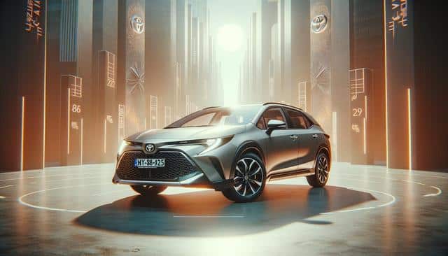 A futuristic silver car in a neon-lit cityscape with tall glowing buildings.