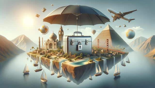 Floating island with iconic landmarks, suitcase, umbrella, airplane, and sailboats in surreal landscape.