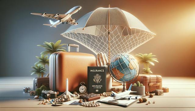 Travel-themed composition with suitcases, globe, airplane model, and insurance document under an oversized umbrella.