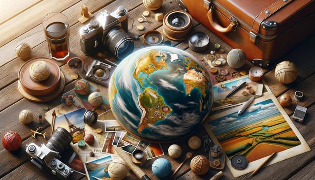 A globe surrounded by travel items like cameras, photos, maps, yarn, and a suitcase on a wooden surface.