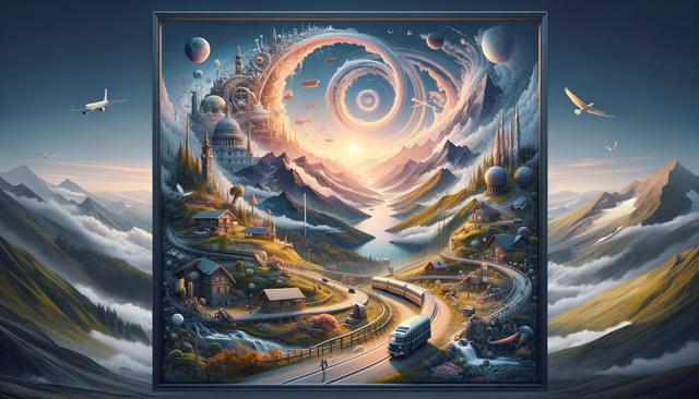 A surreal landscape blends mountains, a spiral sky, futuristic city elements, and a winding road with a bus.