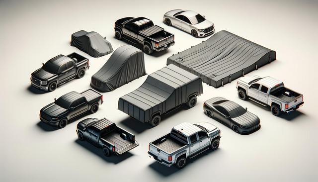 Various types of vehicles, including trucks and cars, some uncovered and some covered with protective tarps, arranged in a grid pattern.