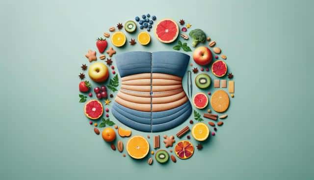 A corset made of textures resembling orange peels, surrounded by various fruits and nuts on a light green background.