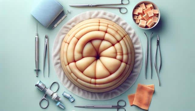 A circular fleshy model surrounded by surgical tools and a bowl of cubed pieces, on a light blue surface.