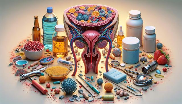 Anatomical uterus model filled with fruits and surrounded by various medical supplies, pills, and fruits on a wooden surface.
