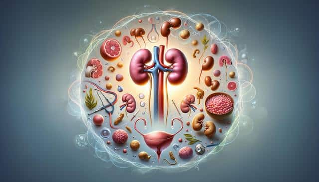 Illustration of kidneys and urinary system surrounded by various medical and natural elements.