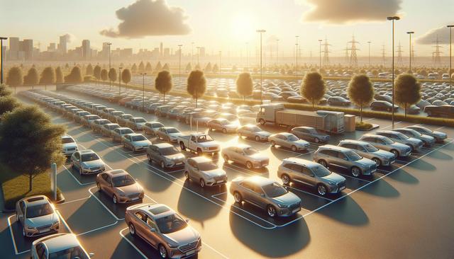 Large parking lot filled with cars, with a city skyline and transmission towers in the background at sunset.