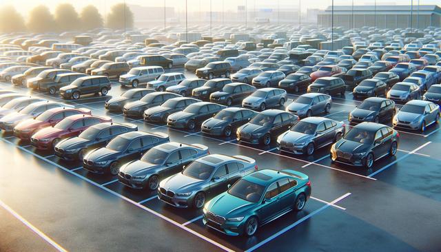 A large parking lot filled with rows of parked cars in the early morning light.