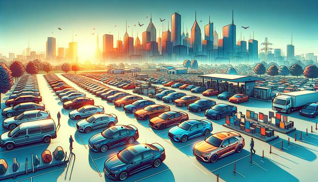 A vibrant illustration of a parking lot filled with cars at sunset, with a city skyline in the background.