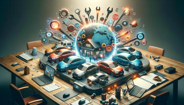 A digital globe with car models and mechanical icons on a table with laptops and office supplies.