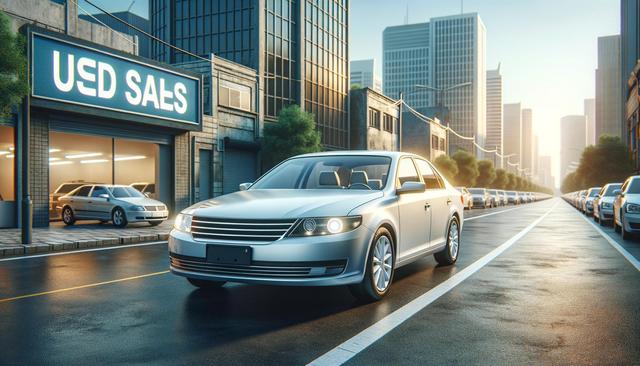 A silver car on a city street near a used car dealership at sunset.