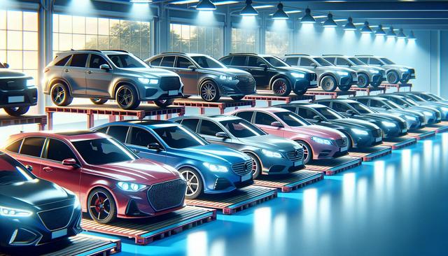 A showroom with two rows of brightly lit luxury cars parked on platforms.