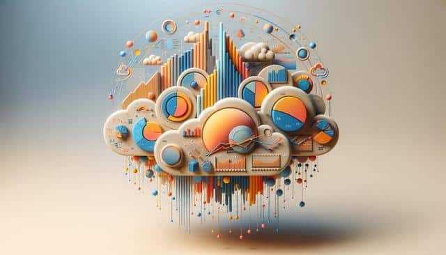 3D cloud of colorful charts, graphs, and data symbols.