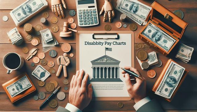 A desk with money, coins, a wooden hand, coffee, calculator, and a clipboard labeled "Disability Pay Charts."