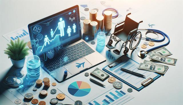 Laptop with healthcare graphics, coins, wheelchair, stethoscope, cash, and charts on a desk.