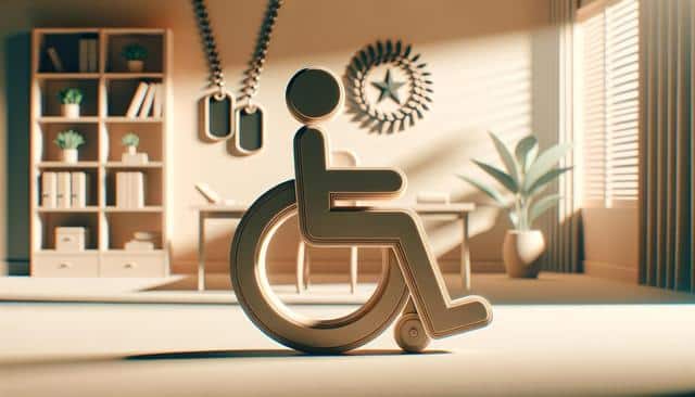 3D wheelchair symbol in a sunlit office setting with plants, shelves, and decorations.