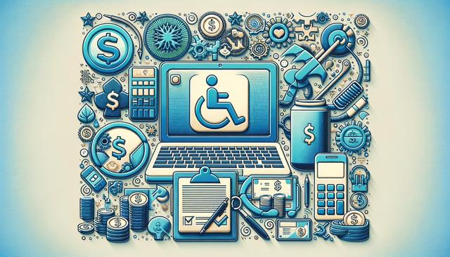 Collage of accessibility and financial symbols with a computer displaying a wheelchair icon.