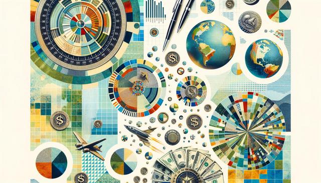 Abstract collage with charts, globes, currency symbols, and flying vehicles, in vibrant colors.