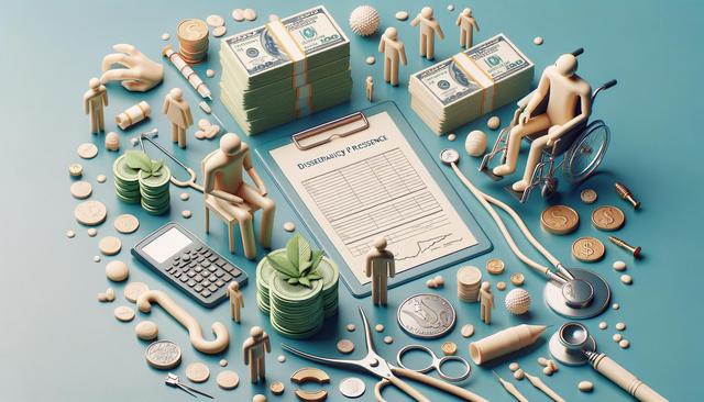 3D figures, money stacks, wheelchair, and medical items surround a clipboard labeled "Disability Presence."