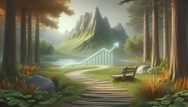 Fantasy scene of a forest path, bench, lake, and mountains with glowing upward graph.