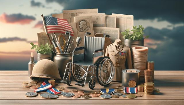 A wheelchair, military medals, coins, uniform, helmet, and U.S. flag are arranged on a wooden surface against a sunset sky.