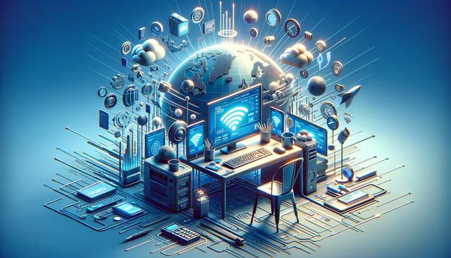 Futuristic digital workspace with a computer, electronic devices, and global network icons.