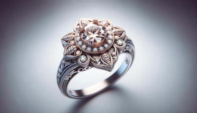 Ornate silver ring with a large central gemstone and intricate floral designs.