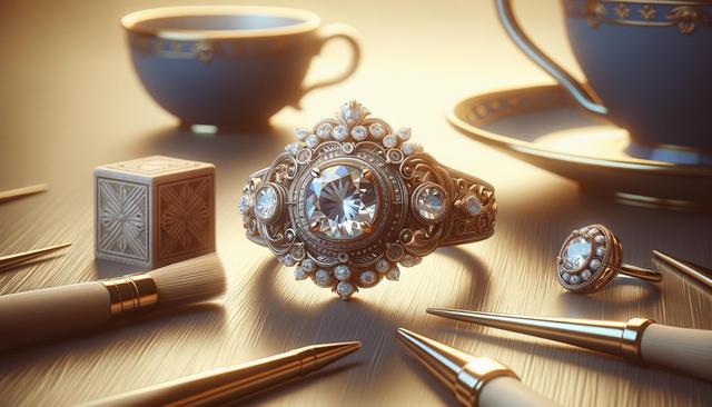 Ornate jewelry piece with a large gemstone, surrounded by brushes, a cup, and saucer.
