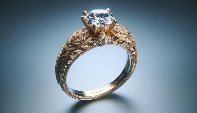 A gold ring with intricate leaf designs and a large diamond.