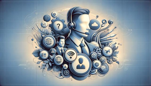 A person with a headset surrounded by technology icons and abstract elements.