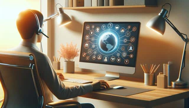 A person with a headset sits at a desk, facing a computer displaying a globe surrounded by icons, illuminated by a desk lamp.