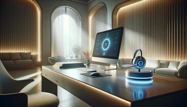 A modern office with a sleek computer, keyboard, mouse, and glowing headphones on a desk, surrounded by soft lighting, sofas, and tall curtains.