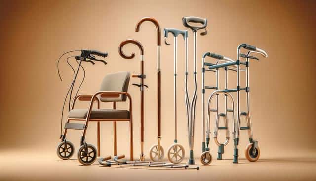 Various mobility aids, including wheelchairs, canes, and walkers, arranged on a warm brown background.