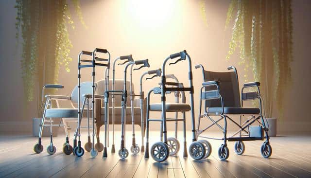 A variety of mobility aids, including wheelchairs and walkers, are displayed under soft lighting with plants in the background.
