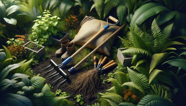 Gardening tools, boots, and a sack on soil surrounded by lush green plants and ferns.
