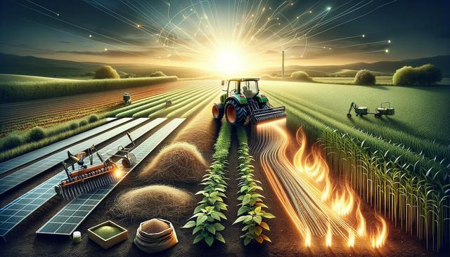 A futuristic farm landscape with a tractor, solar panels, and crops bathed in digital light streams and glowing connections under a rising sun.