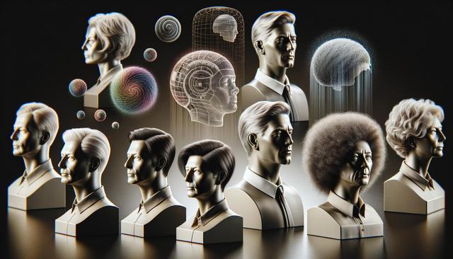 Busts of diverse people with digital brain and spiral graphics above, symbolizing thoughts or technology connections.