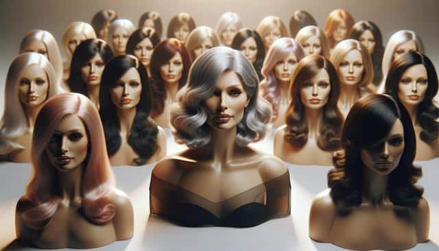Rows of mannequin heads with various hairstyles and colors, arranged in a gradient of light to dark.