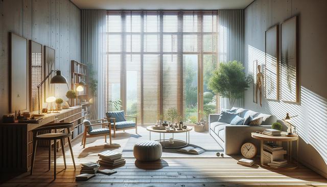Sunlit modern living room with large windows, cozy furniture, books, and plants.