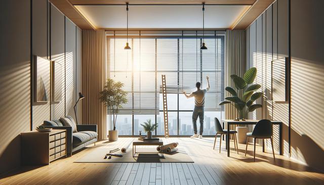 Modern living room with large windows, a person adjusts blinds. Sunlight streams in, illuminating plants and furniture.
